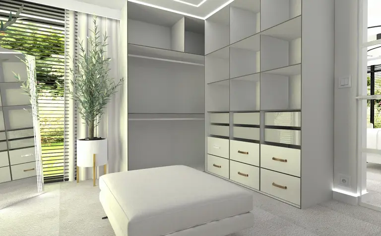 Garderoba z białymi meblami, lustrem i rośliną, styl glamour, nowoczesny
