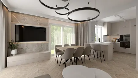 Wnętrze jadalni w stylu art deco i glamour z drewnianym stołem i eleganckimi krzesłami.