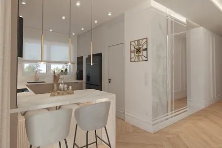 Nowoczesna kuchnia z beżowymi meblami i akcentami w stylu dopamine decor.