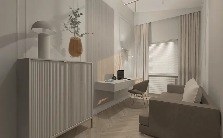 Wnętrze gabinetu z biurkiem, lampą i rośliną w stylu glamour.