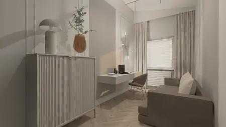 Wnętrze gabinetu z biurkiem, lampą i rośliną w stylu glamour.