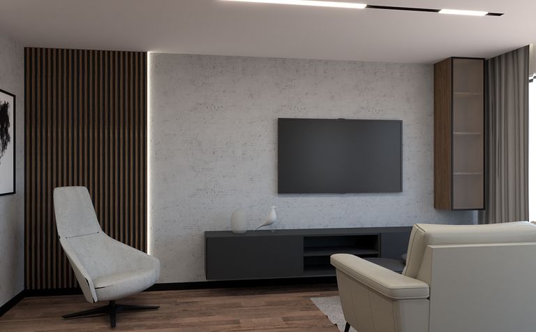Nowoczesny salon w soft minimalizmie z szarymi ścianami i drewnianymi detalami.