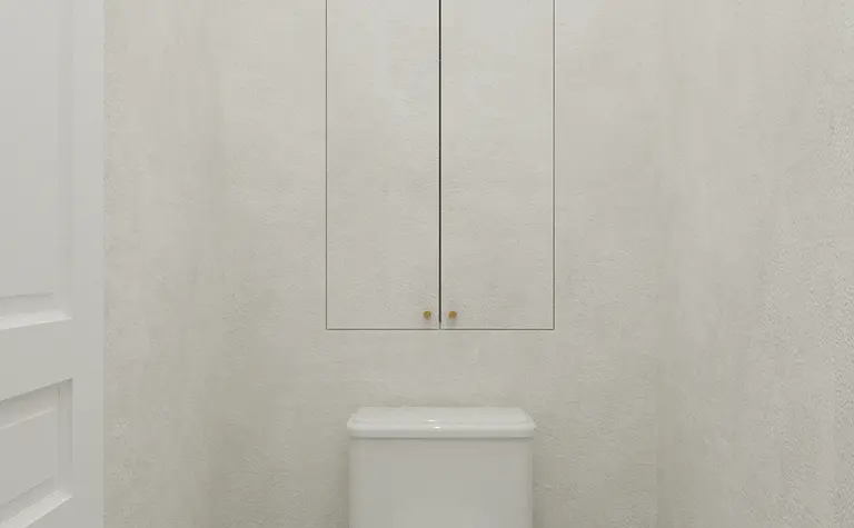 Toaleta z białymi ścianami, białą ceramiką i szarym wzorem podłogi w stylu art deco, minimaluxe, quiet luxury.