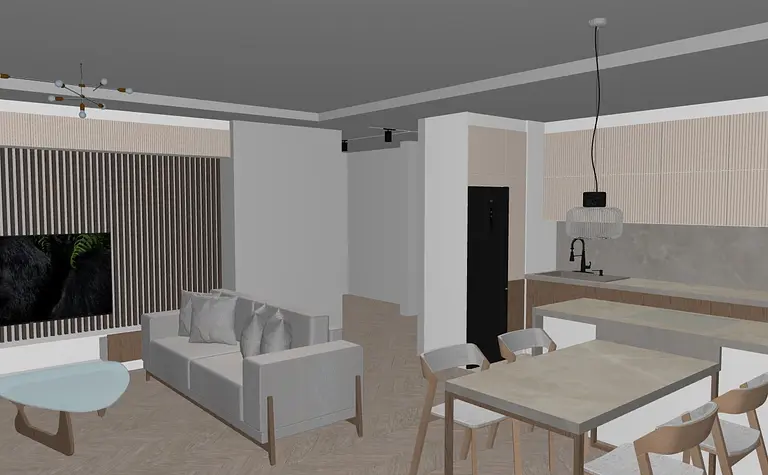 Wnętrze salonu z minimalistycznym designem, szare meble i drewniane akcenty.