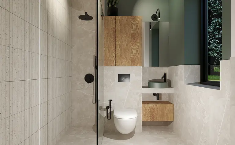Nowoczesna łazienka z drewnianymi elementami i szarymi płytkami