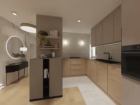 Kuchnia w stylu glamour i minimalistycznym z drewnianymi meblami i nowoczesnymi detalami.