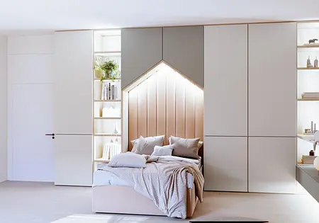 Sypialnia w stylu boho i współczesnym z różowymi meblami i naturalnymi detalami.