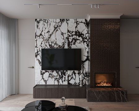 Wnętrze salonu w stylu glamour, industrialnym i minimalistycznym z kominkiem.