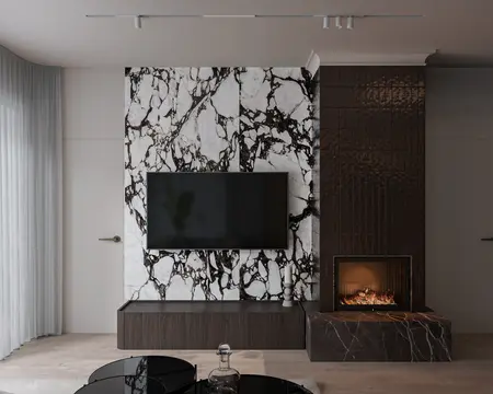 Wnętrze salonu w stylu glamour, industrialnym i minimalistycznym z kominkiem.