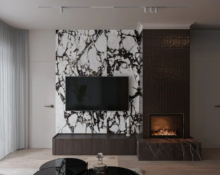 Wnętrze salonu w stylu glamour, industrialnym i minimalistycznym z kominkiem.