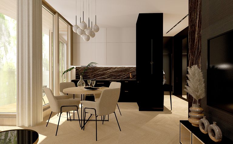 Wnętrze jadalni z okrągłym stołem, szarymi krzesłami i marmurowym blatem. Styl art deco, minimaluxe.