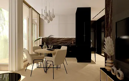 Wnętrze jadalni z okrągłym stołem, szarymi krzesłami i marmurowym blatem. Styl art deco, minimaluxe.