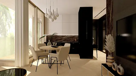 Wnętrze jadalni z okrągłym stołem, szarymi krzesłami i marmurowym blatem. Styl art deco, minimaluxe.