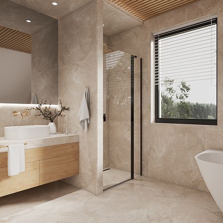 Nowoczesna łazienka w stylu japandi, minimalistyczna, z dużym prysznicem i drewnianymi detalami.