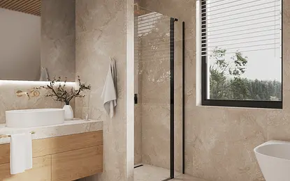 Nowoczesna łazienka w stylu japandi, minimalistyczna, z dużym prysznicem i drewnianymi detalami.