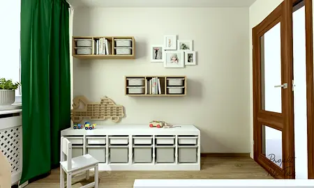 Pokój dla dzieci z białymi meblami, zielonymi zasłonami i drewnianymi akcentami.