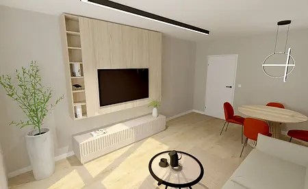 Współczesny salon z drewnianą ścianą, telewizorem, okrągłym stołem i rośliną.