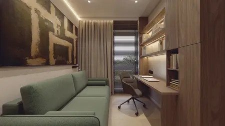 Gabinet japandi, minimaluxe, nowoczesny, soft minimalizm, współczesny: zielona sofa i drewniane biurko