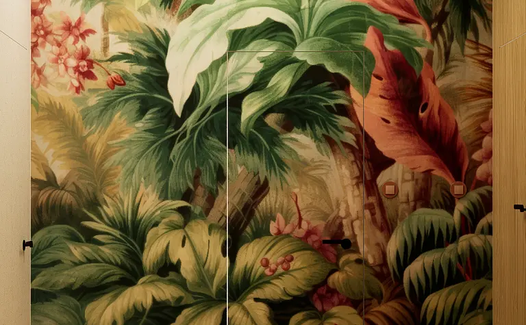 Garderoba z zielonymi roślinami, art deco, vintage i nowoczesnym designem.