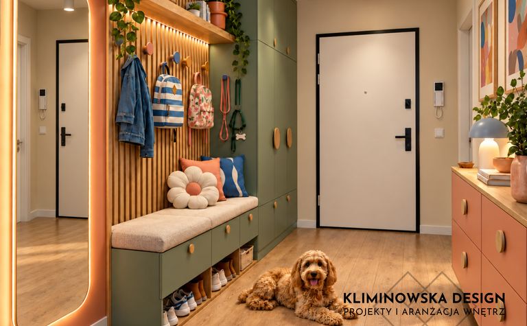 Przedpokój z zielonymi meblami, drewnianą podłogą i roślinami w stylu dopamine decor.