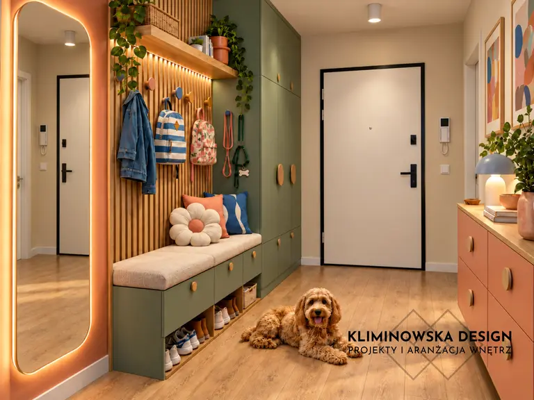 Przedpokój z zielonymi meblami, drewnianą podłogą i roślinami w stylu dopamine decor.