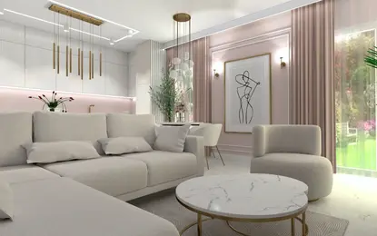 Wnętrze salonu glamour z jasnymi meblami i roślinami.