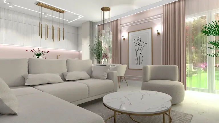 Wnętrze salonu glamour z jasnymi meblami i roślinami.