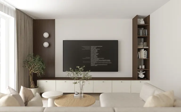 Wnętrze salonu z telewizorem, drewnianymi meblami i minimalistycznymi akcentami.