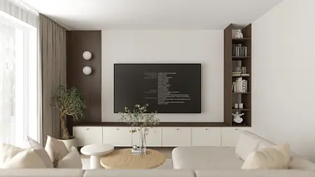 Wnętrze salonu z telewizorem, drewnianymi meblami i minimalistycznymi akcentami.