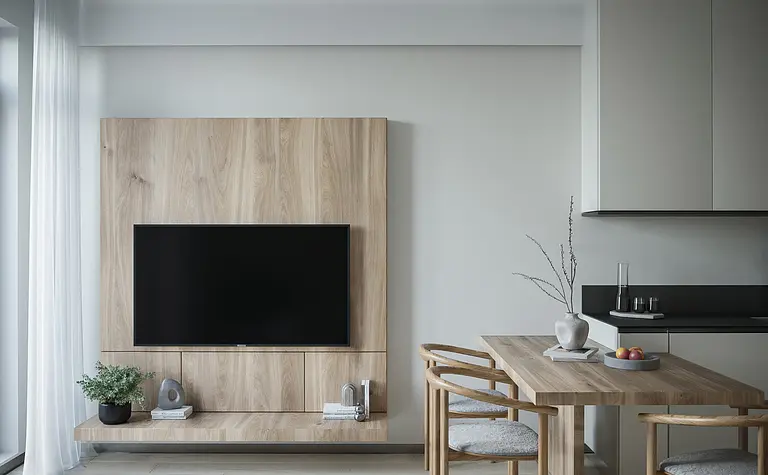 Wnętrze w stylu skandynawskim z drewnianym stołem i telewizorem na ścianie.