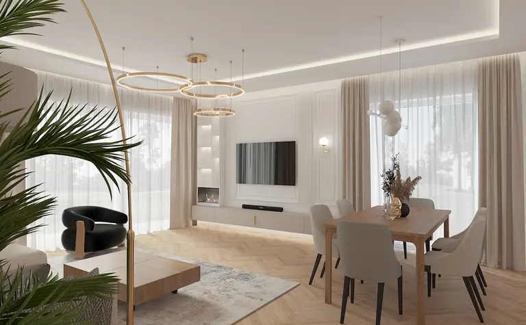 Wnętrze salonu z dużymi oknami, drewnianym stołem, jasnymi meblami i roślinnością w stylu dopamine decor.