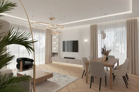 Wnętrze salonu z dużymi oknami, drewnianym stołem, jasnymi meblami i roślinnością w stylu dopamine decor.