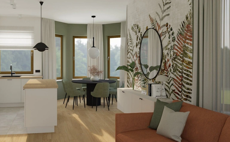 Wnętrze kuchni z zielonymi akcentami i drewnianymi meblami. Styl dopamine decor i soft minimalizm.