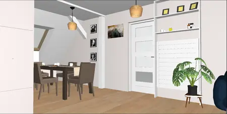 Wnętrze jadalni z drewnianym stołem, beżowymi krzesłami i rośliną, minimalistyczne, nowoczesne, tradycyjne.