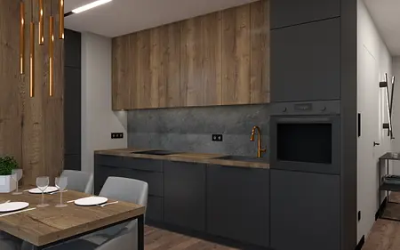 Wnętrze kawiarni z industrialnym stylem, brązowe meble i rośliny.
