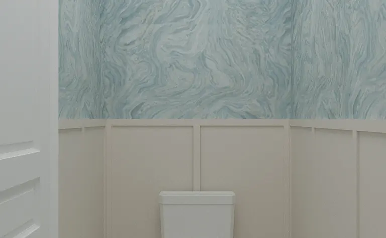 Toaleta z niebieską ścianą, białym WC, styl art deco, minimaluxe, quiet luxury.
