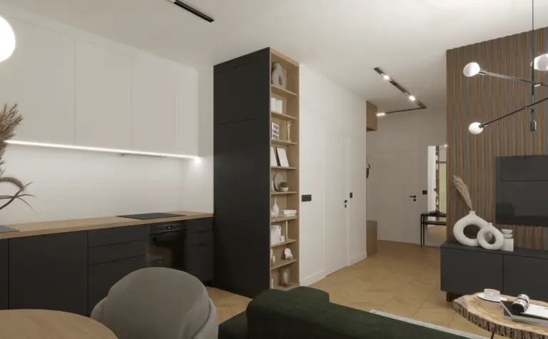 Wnętrze kuchni w stylu industrialnym i minimalistycznym z drewnianymi akcentami.
