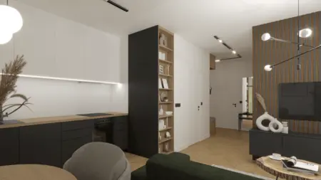 Wnętrze kuchni w stylu industrialnym i minimalistycznym z drewnianymi akcentami.