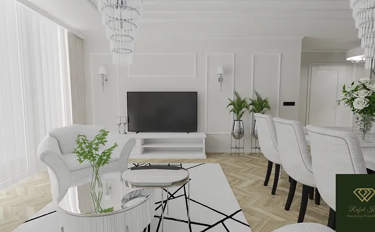 Wnętrze salonu glamour z białymi meblami i dekoracjami.