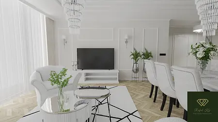 Wnętrze salonu glamour z białymi meblami i dekoracjami.