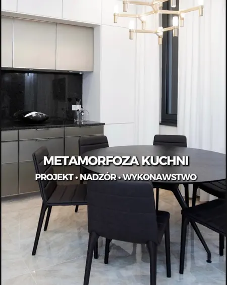 Nowoczesna kuchnia z czarnymi akcentami, eklektyczny wystrój.