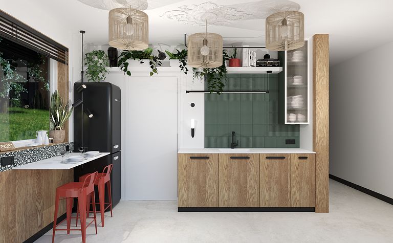 Wnętrze kuchni w stylu boho, eklektycznym i współczesnym z drewnem i zielonymi płytkami.