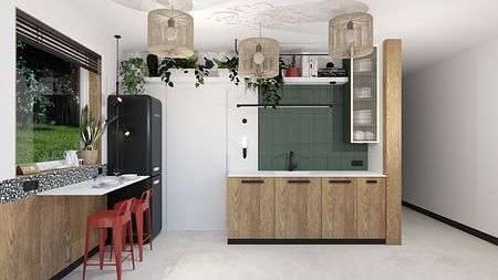 Wnętrze kuchni w stylu boho, eklektycznym i współczesnym z drewnem i zielonymi płytkami.