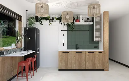 Wnętrze kuchni w stylu boho, eklektycznym i współczesnym z drewnem i zielonymi płytkami.