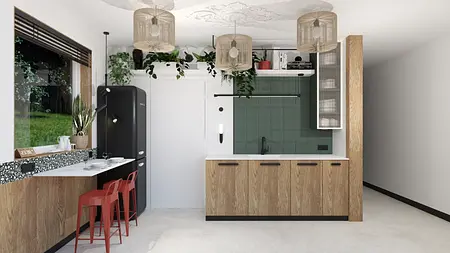 Wnętrze kuchni w stylu boho, eklektycznym i współczesnym z drewnem i zielonymi płytkami.