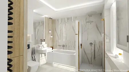 Współczesna łazienka z białą armaturą i drewnem, minimalistyczny design