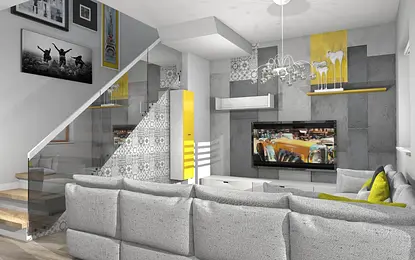 Wnętrze salonu w stylu dopamine decor, japandi i soft minimalizm z szarym narożnikiem.