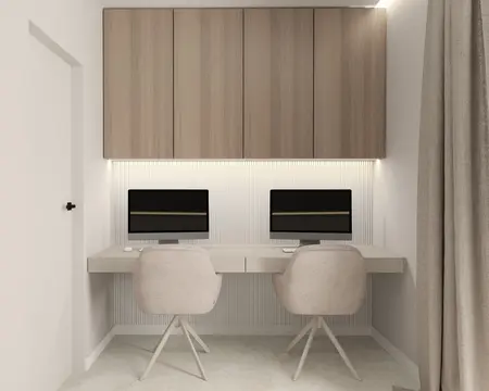 Nowoczesny gabinet z drewnianymi meblami i komputerami, styl quiet luxury.