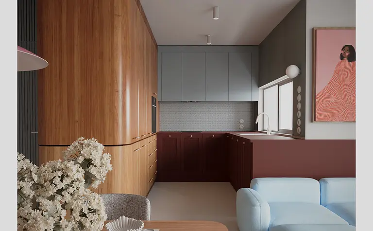 Eklektyczna kuchnia z drewnianymi meblami i jasnymi akcentami, stół z kwiatami.