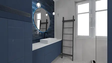Wnętrze łazienki w stylu art deco z niebieskimi meblami, minimalistycznymi detalami.